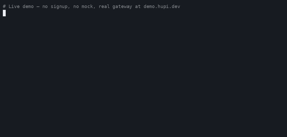 Terminal recording against the live public demo: a curl request tells HUPI a project's codename and ship date, a consolidate-now call runs the real nightly consolidation job on demand, and a brand-new conversation that never mentions the codename gets a reply correctly recalling both facts.